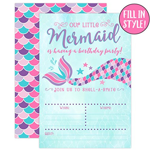 Your Main Event Prints Mermaid Birthday Invitations, Pink and Purple, 20 Fill In Mermaid Party Invitations With Envelopes