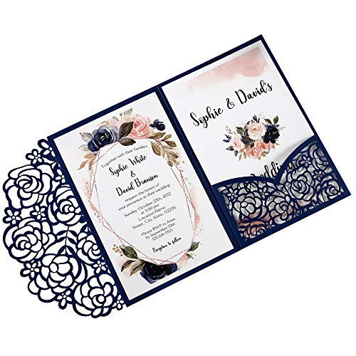 DreamBuilt 47 x7 inch 25PCS Blank Navy Blue Wedding Invitations Kit Laser Cut Hollow Rose Pocket Wedding Invitation Cards with Envelopes for Wedding Bridal Shower Engagement Invite