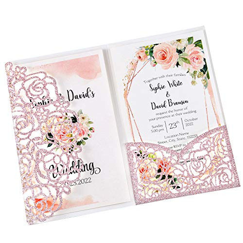 DreamBuilt 47 x7 inch 1PC Blank Rose Gold Glitter Wedding Invitations Kit Laser Cut Hollow Rose Pocket Wedding Invitation Cards with Envelopes for Wedding Bridal Shower Engagement Invite