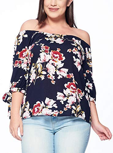 Womens Junior Plus Size Off Shoulder Floral Print Top with Sleeve Knots Navy 3X