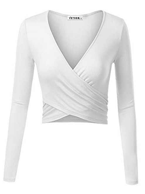 VETIOR Womens Deep V Neck Long Sleeve Unique Cross Wrap Slim Fit Crop Tops Small White