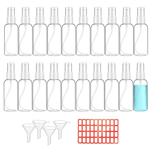 20 pcs Spray Bottles 2oz50ml Clear Empty Fine Mist Plastic Mini Travel Bottle Set Small Refillable Liquid Containers with 2pcs Funnels and 24pcs Labels and pen