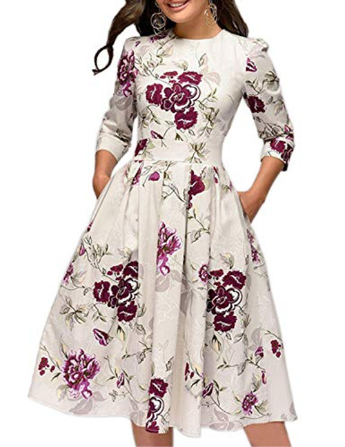 Simple Flavor Womens Floral Vintage Dress Elegant Autumn Midi Evening Dress 34 Sleeves Beige S