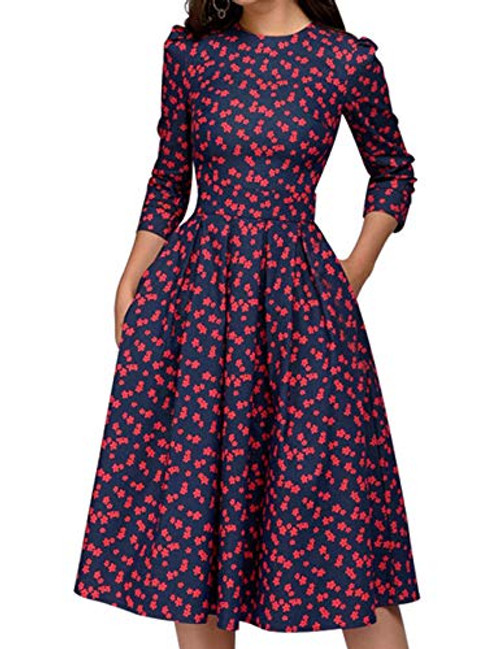 Simple Flavor Womens Floral Vintage Dress Elegant Autumn Midi Evening Dress 34 Sleeves RedL