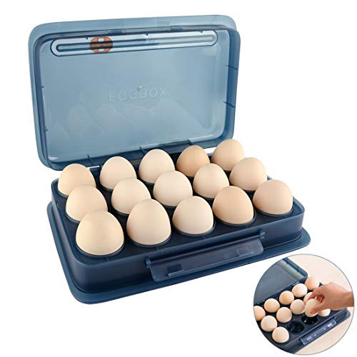 Egg Holder for Refrigerator Plastic Egg Cartons Reusable Egg Storage Box Tray with Lid Portable Egg Containers for Kitchen Camping Travel Hold 15 Eggs