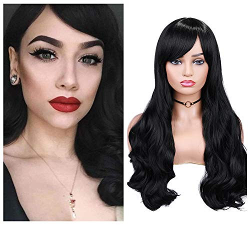 Lady Hanne Black Wigs With Bangs Pastel Wavy Curly Wave Hair Wig Long Wavy Heat Resistant Fiber Wigs Daily Cosplay Party Wig for Women Lady Hanne Black Wigs With Bangs Pastel Wavy Curly Wave Hair Wig Long Wavy Heat Resistant Fiber Wigs Daily Cosplay Party Wig for Women