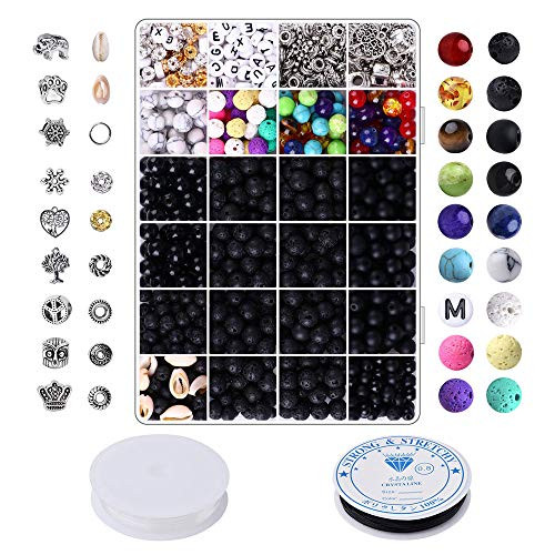 Hidepoo Lava Stone Beads Kit  1030pcs Lava Stone Beads Chakra Beads for Jewelry Making 8mm Bulk Yoga Chakra Beads Bracelet Beads Kit DIY Handmade Lava Beads for Essential Oil Diffuser Bracelet Gifts