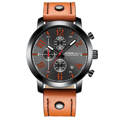 Mens Watch Business Quartz Orange Casual Chronograph Fashion Date Wrist Watches Waterproof Unique Leather Watch