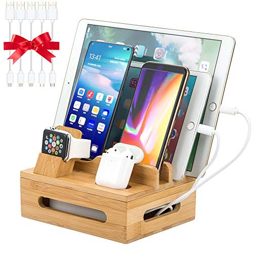 Bamboo Charging Station for Multiple Devices Organizer Dock for iPhone iPad iWatch Airpods Samsung Universal iOS and Android Cell Phones  Tablets with 5 USB Cables Device Stand No Power Supply