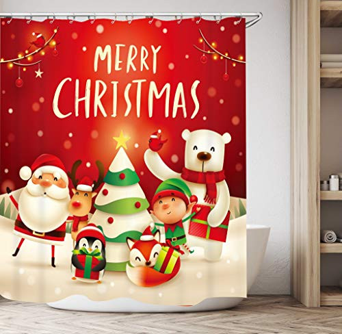 Get Orange Christmas Shower Curtain Cartoon Red Santa Claus Snowman Reindeers Polar Bear Fox Penguin Christmas Tree Waterproof Polyester Fabric Bathroom Shower Curtain 72X72 Inch