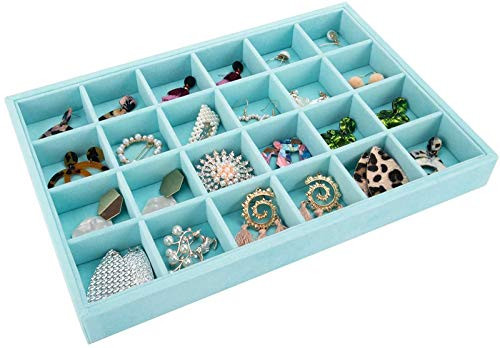 Mebbay 24 Grid Stackable Jewelry Tray Showcase Display Drawer Organizer for Rings Earring Bracelet Storage Display Blue