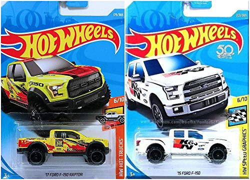 Hot Wheels 17 Ford F 150 Raptor Yellow 175/365 and 15 Ford F 150 White 203/365