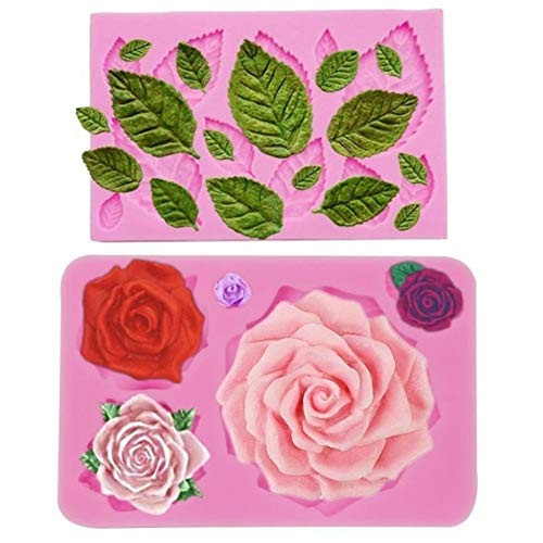 Large 5 Assorted Sizes Rose MoldSilicone Roses Flower and Leaves Fondant Molds for Candy Chocolate Sugarcraft Cake DecorationCupcake TopperPolymer ClayCraftingRose Leaf Resin Mold