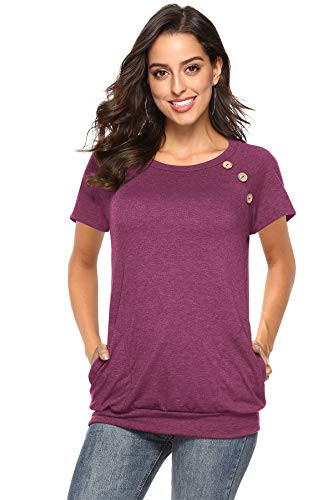 Womens Casual Button Short Sleeve Tops Pockets Blouses T Shirt Round Neck Loose Tunic Red Wine S