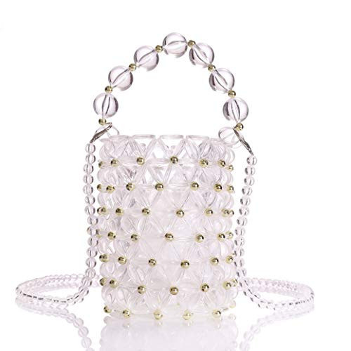 YIFEI Women Beaded Clear Acrylic Evening Bucket Handmade Bags with Detachable Chain for Wedding Party Medium