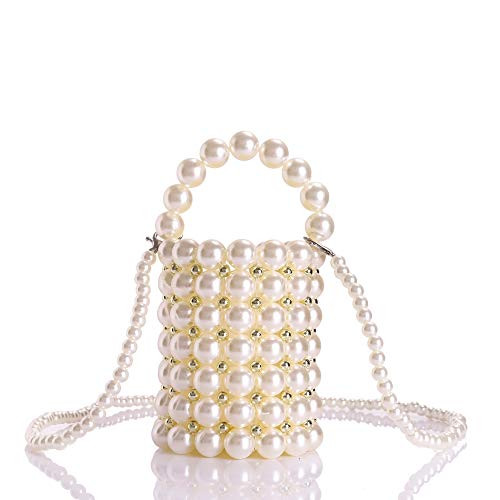 YIFEI Women Beaded Pearl Evening Bucket Handmade Bags with Detachable Chain for Wedding Party Medium
