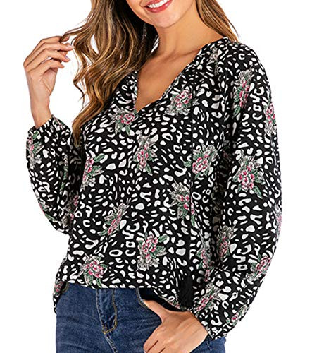 TIAN CHENG Women Long Sleeve Tops Casual V Neck Boho Floral Print Shirts Loose Drawstring Blouses Tops Large Black2