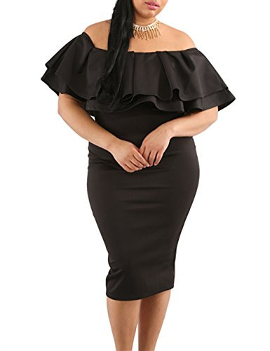 GloriaSarah Womens Off Shoulder Ruffle Floral Print Plus Size Bodycon Party DressBlackXXL