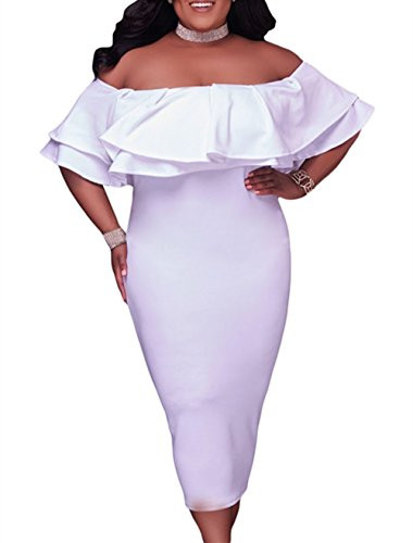 GloriaSarah Womens Off Shoulder Ruffle Floral Print Plus Size Bodycon Party DressWhiteXL