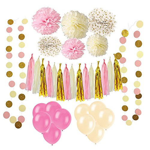 Wartoon 43 Pcs Paper Pom Poms Flowers Tissue Balloon Tassel Garland Polka Dot Paper Garland Kit for Birthday Wedding Party Decorations - Pink, White for Mother's Day