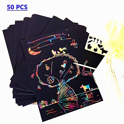Gaosiduo Scratch Art Set 50 Piece Rainbow Magic Scratch Paper for Kids Black Scratch Off Art Crafts Notes Boards Sheet with 5 Wooden Stylus for Party Game Christmas Birthday Gift