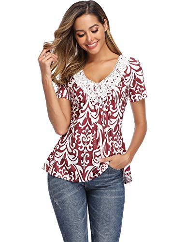 Womens Paisley Printed Tops Long Sleeve Henley Lace V Neck Pleated Casual Ruched Front Flare Blouse Floral Print Shirts