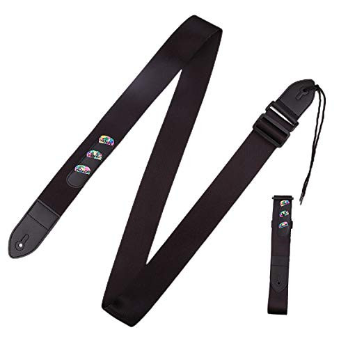 3 Pick Bag Guitar Strap ?Classical Vintage Adjustable Soft Guitar Strap ?Adjustable Polyester Guitar Strap with Pu Leather End for Bass Electric and Acoustic Guitars balck