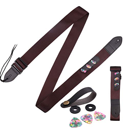 3 Pick Bag Guitar Strap ?Classical Vintage Adjustable Soft Guitar Strap ?Adjustable Polyester Guitar Strap with Pu Leather End for Bass Electric and Acoustic Guitars brown