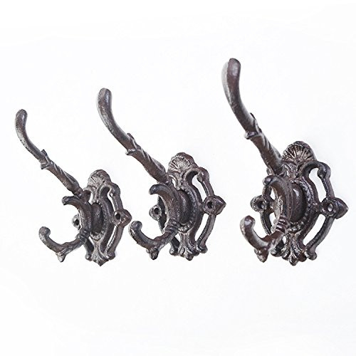 Set of 2  Rustic Cast Iron Double Wall HooksHangers  Decorative Wall Mounted Vintage Coat Hooks Clothes Hooks  Antique Coat Hat Hook for Kitchen Bathroom Bedroom