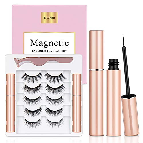 Magnetic Eyelashes with Eyeliner BCOMB Magnetic Eyelashes and Eyeliner Kit 5 Pairs Upgraded Reusable Magnetic Lashes Natural Look No Glue Needed