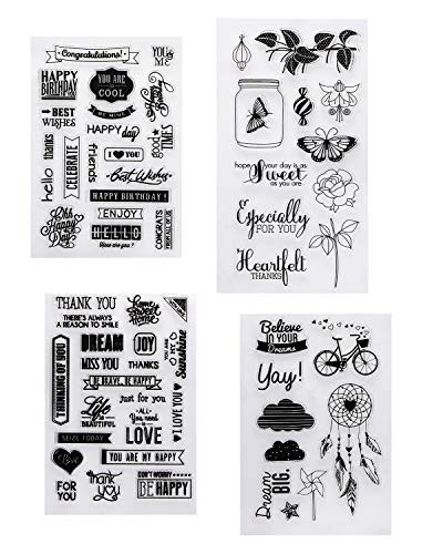 Penta Angel Clear Stamps 4Pcs Different Phrase Words Flowers Patterns Thank You Happy Birthday Congratulation Rubber Stamps for Card Making Decoration and Crafts Scrapbook DIY