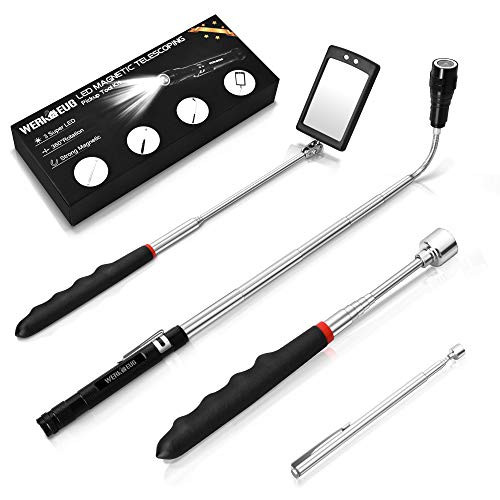 4PCS Magnetic Telescoping Pickup Tool Kit with 20lb and 15lb Pick Up Rod LED Square 360 Swivel Adjustable Inspection Mirror and Telescoping Flexible 3 LED Flashlight
