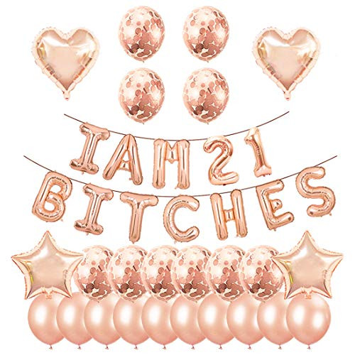 Santonila 21st Birthday Party SetI am 21 Bitches Funny Banner Confetti Rose Gold Balloons for Girls 21 Years Old Birthday Decoration