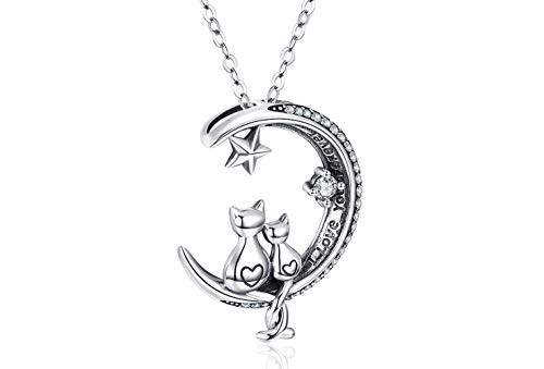 Cat Necklace S925 Sterling Silver Cat on Moon Pendant Cubic Zirconia Women Jewelry Gifts for Mum with Gift Package I Love you forever Cat Necklace S925 Sterling Silver Cat on Moon Pendant Cubic Zirconia Women Jewelry Gifts for Mum with Gift Package I Love you forever