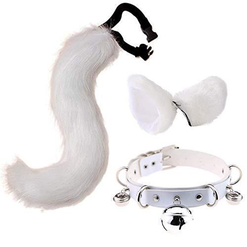 Faux Fur Cat Ears Hair Clip Furry Wolf Fox Long Tail Costume Halloween Party Neck Chocker Cosplay Set White