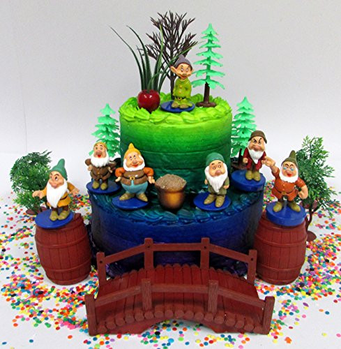 Cake Toppers Snow White and The Seven Dwarfs 18 Piece Birthday Set Featuring Dwarf Figures and Decorative Themed Accessories