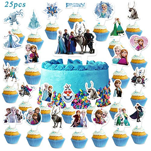 25PCS Frozen Cake Toppers Disney Princess Cupcake Toppers Party Supplies for Kids Happy Birthday Party Decorations