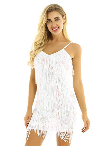 CHICTRY Womens Spaghetti Straps Tassels Sequin Fringe Flapper Dress Party Dancewear Night Mini Dress White One Size