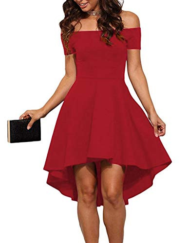 Sarin Mathews Women Off The Shoulder Short Sleeve High Low Cocktail Skater Dress Red S
