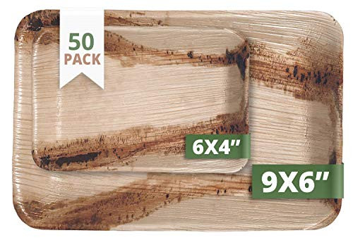 CaterEco Rectangle Palm Leaf Plate Set  Pack of 50 25 Dinner Plates  25 Salad Plates  Ecofriendly Disposable Dinnerware  Heavy Duty Biodegradable Party Utensils for Wedding Camping  More
