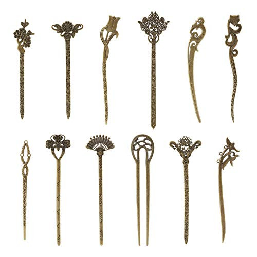 12 Pieces Vintage Retro Handmade Ancient Chinese Japanese Chopsticks Hair Pins Picks Carved Hollow Long Horn Fork Pen Hairpins Sticks Clips Barrettes for Bun Chignon Decorative Hair Accessories Bulk