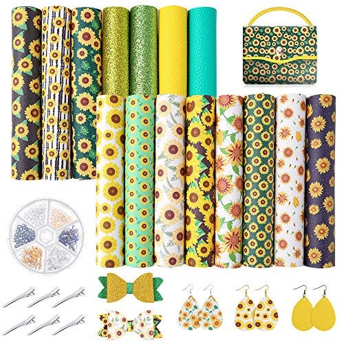 Pllieay 15 Pieces Sunflowers Printed Faux Leather Sheet Include 3 Kinds of Leather Fabric with Earring Hooks Hair Clips for Making Hair Bows and Earrings 82 x 63 inch