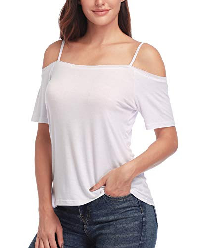 andy  natalie Womens Strappy Off Shoulder Top Cold Shoulder Blouse CutOut Shirts White