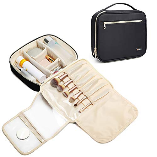 QSmile Travel Makeup Case Cosmetic Bag Portable Toiletry Storage Organizer Large Cosmetic Train Case with Adjustable Dividers for Women Cosmetics Make Up Tools Toiletry Black
