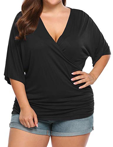 INVOLAND Plus Size Women V Neck Wrap Front Drape Tops Short Sleeve Pleated Waist Shirt Blouse Black