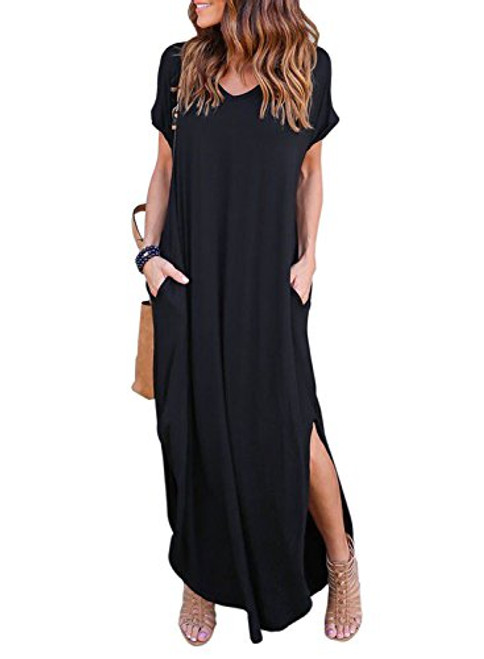 HUSKARY Womens Casual Pocket Beach Long Dress Short Sleeve Split Loose Maxi Dress Black 01 Small