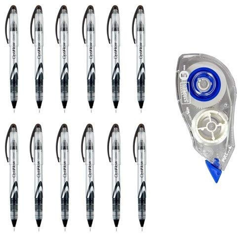 Staples OptiFlow Rollerball Black Pens + Staples Correction Tape - Fine Point - 1 Dozen Premium Conical Tip Pens - Value Pack Office Supplies -
