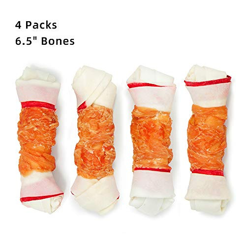 Jungle Calling Rawhide Bones Dog Chews 65 Inches Pack of 4 Chicken Wrapped Rawhide Knotted Bones