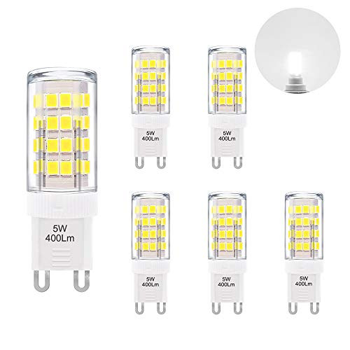 Cool White 6000K 5W G9 GU9 LED Capsule Light Bulbs Small Corn Lamp Bulbs 400Lm AC110-120V Replace 40W G9 Halogen Light Bulbs 6 Pack by Enuotek