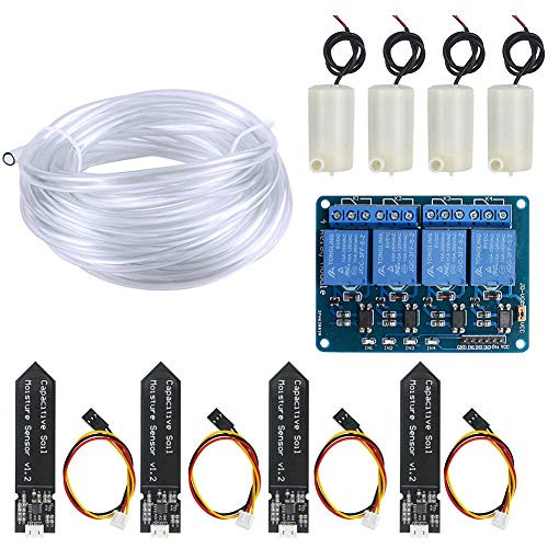 WayinTop Automatic Irrigation DIY Kit Self Watering System with PDF Tutorial 4pcs Capacitive Soil Moisture Sensor 4Channel 5V Relay Module and 4pcs Water Pump  4M Vinyl Tubing for Garden Plant